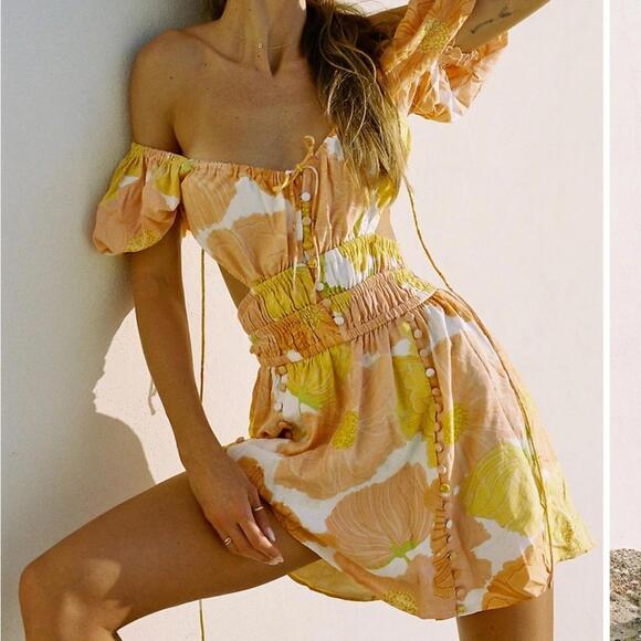 Sabo Skirt Dresses & Skirts - Off-Shoulder Floral Mini Dress in Peach and Yellow
